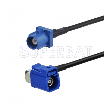 Blue FAKRA Plug to FAKRA Jack Right Angle Cable Using RG174 Coax