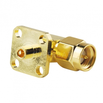 SMA Plug Male 90 Degree 4 Hole Flange Panel Right Angle Connector for Semi-Rigid 0.086" RG405 Cable