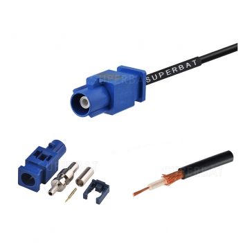 Blue male Fakra cable mount connector for RG174 Automotive custom cable assemblies