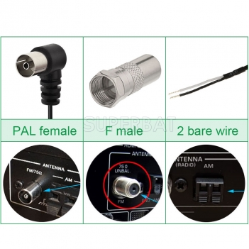Indoor 75 Ohm  Female Pal Connector FM Dipole Antenna and AM Loop Antenna 2 Bare Wire Connector for RadioYamaha Onkyo Denon Stereo Receiver Systems
