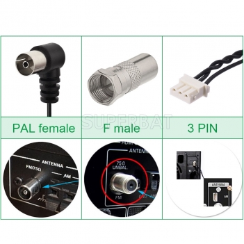 Indoor FM Antenna 75 Ohm UNBAL PAL Male Connector and 3 Pin Connector Antenna for Sony Home Theater Systems Amplifier Stereo AV Receiver Systems