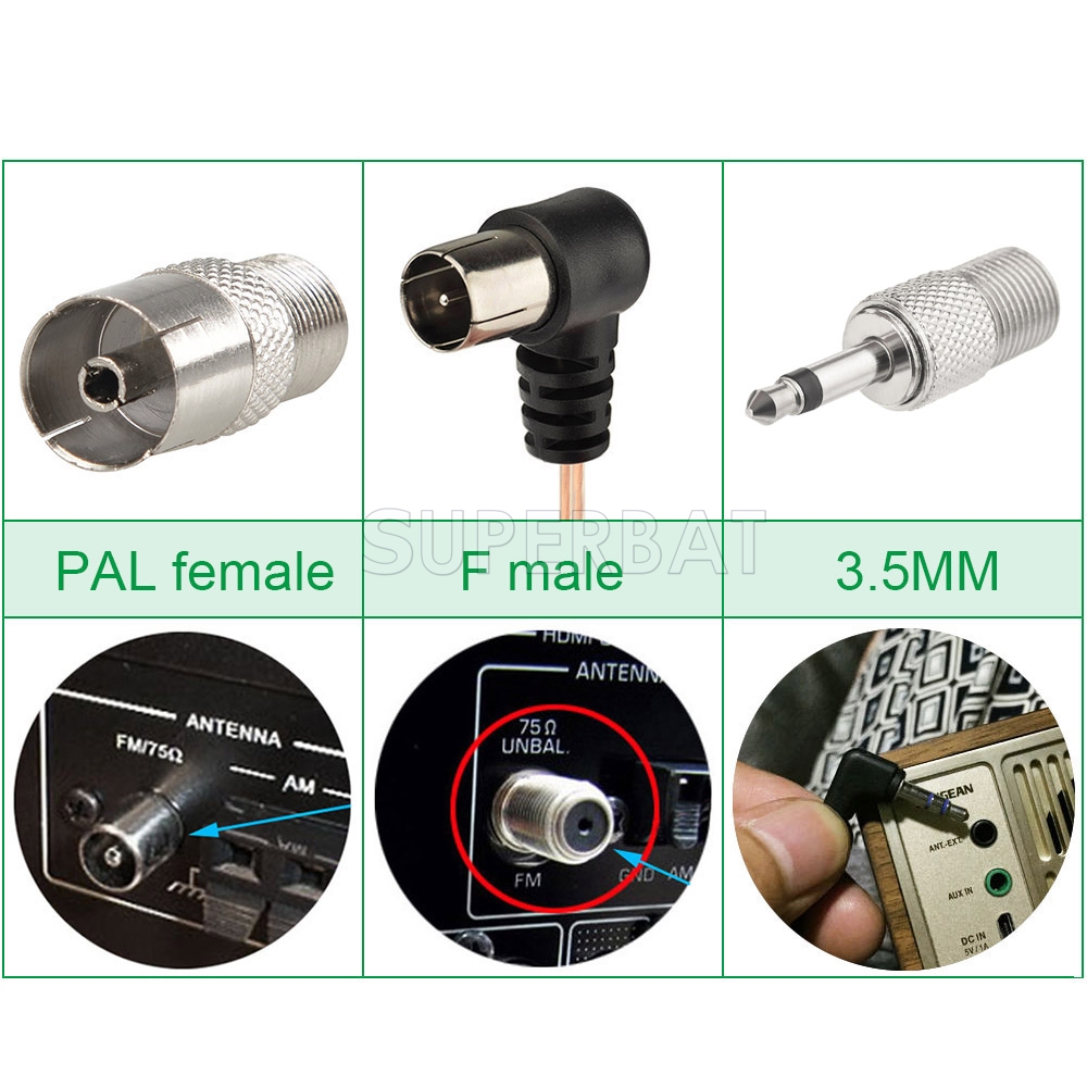 FM Radio Antenna Male Type F Connector T-Type/Y-Type with 2 types of adapter(  PAL female & 3.5mm) for Radio and Stereo Receiver