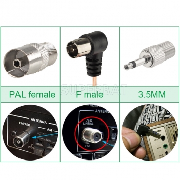 FM Radio Antenna Male Type F Connector T-Type/Y-Type with 2 types of adapter( PAL female & 3.5mm) for Radio and Stereo Receiver