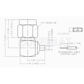 SMA Right Angle Solder Standard Male Plug Connector for 0.047" Semi-Rigid Coaxial Cable