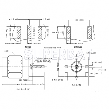 SMA Male Plug Round Post Contact Connector 50 Ohm for .068 inch PCB End Launch