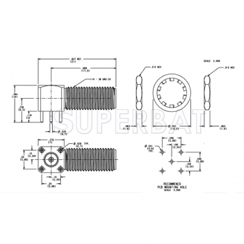 SMA Female Jack Bulkhead right angle 4 hole mount PCB Through Hole long version