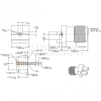 SMA Female Jack Straight Slide-On Square Flange 50 Ohm for .068 inch PCB End Launch