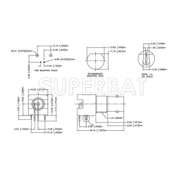 Superbat BNC Jack Right Angle Through Hole Bulkhead PCB Mount 75 Ohm