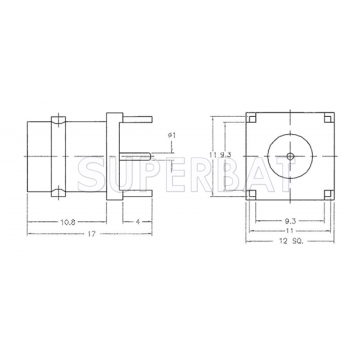 Superbat BNC Jack Female Straight PCB Pannel Mount with Post Terminal 4 Stud 50 Ohm Connector