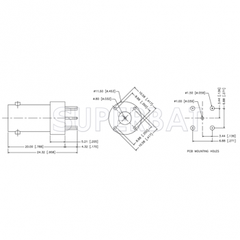 75 Ohm BNC Jack Female Through Hole PCB Mount with Post Terminal 4 Stud Connector