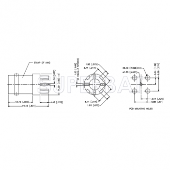 BNC 75 Ohm Straight Jack Female PCB Mount With Post Terminal 4 Stud RF Connector