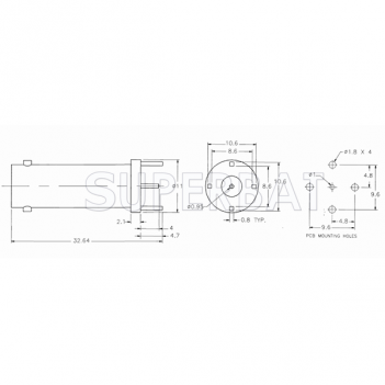 BNC Jack with Female Basket in Striaght RF Connector PCB Mount with Post Terminal 4 Stud