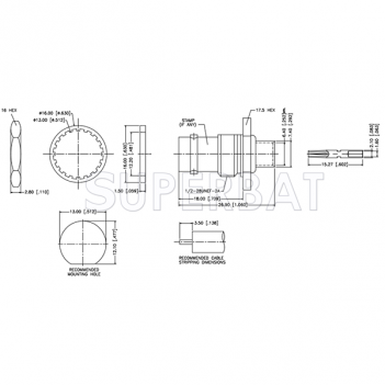 Superbat BNC Straight Female Jack Bulkhead Solder Connector 50 Ohm for 0.250" Semi-Flexible Cable