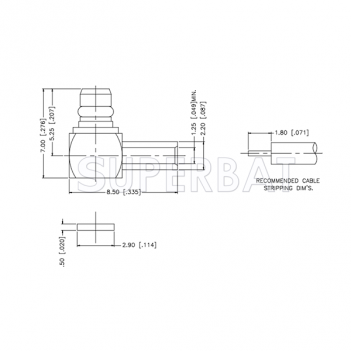 Superbat 50 Ohm MMCX Plug Right Angle Solder Connector For 0.047" Semi-Rigid Coax Cable