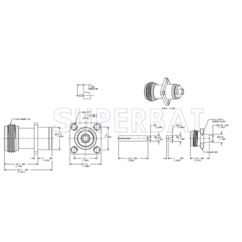 Superbat N Type Jack Female Straight Panel 4 Holes Flange Solder Connector for .141 Semi-Rigid Cable