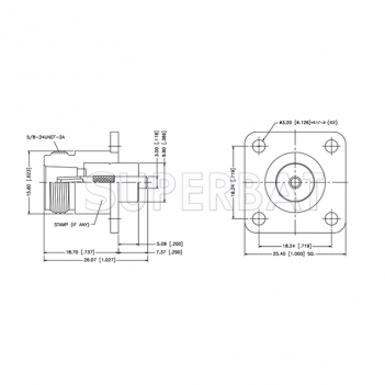 Superbat N 50 Ohm Type Straight Jack 0.29 Inches Round Post 4-Hole Flange Connector