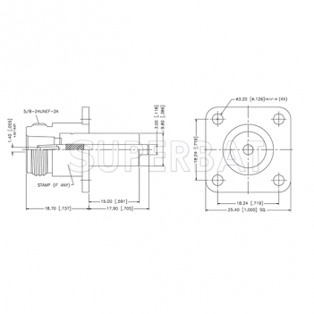 Superbat N 50 Ohm Type Straight Jack 0.705 Inches Round Post 4-Hole Flange Connector