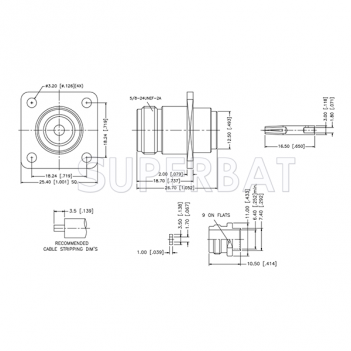 Superbat N Type Jack Female Straight Panel 4 Holes Flange Solder Connector for .250 Semi-Rigid Cable