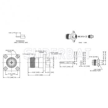 TNC Female Jack Solder 4-Hole Flange Straight Connector 50 Ohm for 0.141" Semi-Rigid Cable