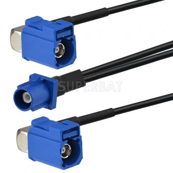 Fakra Signal Blue Straight Plug to Fakra Signal Blue Right Angle Jack to Fakra Signal Blue Right Angle Jack RG174 100cm Y shape