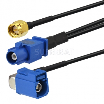 Fakra Signal Blue 1 Straight Plug to Fakra Signal Blue Right Angle Jack to SMA Straight Plug RG174 30cm V shape