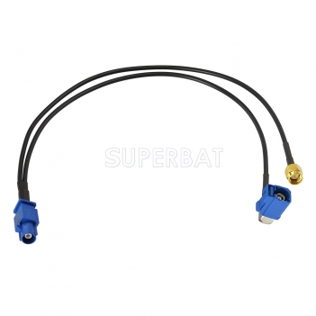 Fakra Signal Blue 1 Straight Plug to Fakra Signal Blue Right Angle Jack to SMA Straight Plug RG174 30cm V shape