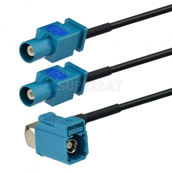 Fakra Water Blue Right Angle Jack to Fakra Water Blue 1 Straight Plug to Fakra Water Blue 1 Straight Plug RG174 30cm Y shape