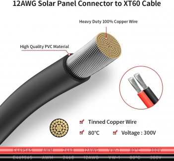 ELFCULB 12AWG 25FT XT60 Solar Cable  XT60 Extension Cable Solar Panel Connector to XT60 Connector for Portable Power Station (25FT)