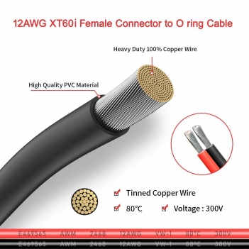 ELFCULB XT60i to O Ring Terminal Cable,12AWG XT60i Female to O Ring Connector with Tinned Pure Wire,for RC Battery Solar Portable Power Power Station and Solar Panel(2FT)