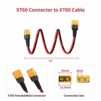 ELFCULB 10AWG 1FT XT60 Extension Cable, XT60 Female to Male Connector for RC Battery Portable Power Station Solar Panel(2 Pieces)