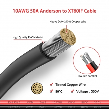 ELFCULB 10AWG 2FT Anderson SB50 Battery Quick Connect/Disconnect to XT60i Female Cable SB50-XT60I Connector Cable for RC Battery Solar Panel and Solar Portable Power Station