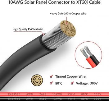 ELFCULB 10AWG 6FT Solar to XT60i Cable 2 6 10 25 35 50 75 100FT Solar Connector to XT60i Adapter Cable for Portable Power Station (6FT)