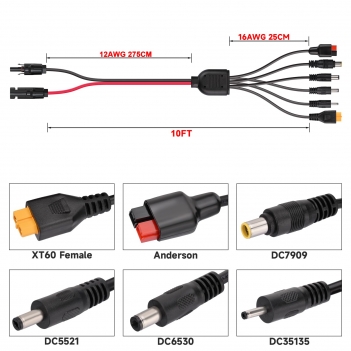 ELFCULB 6-in-1 Solar Panel Connector Kit, 12AWG Solar to XT60, Anderson, DC7909, DC6530, DC35135, DC5521 Connector Cable for Portable Station Solar Panel Generator(10FT)