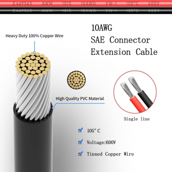 ELFCULB SAE Connector Cable, 10AWG 1FT 2 Pin SAE Quick Connector Disconnect Plug for Solar Panel Car Motorcycle (2 Pack)